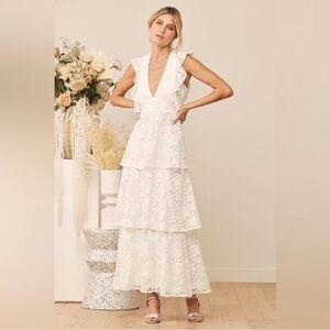 Molinetto White Lace Ruffled Tiered Sleeveless Maxi Dress XS